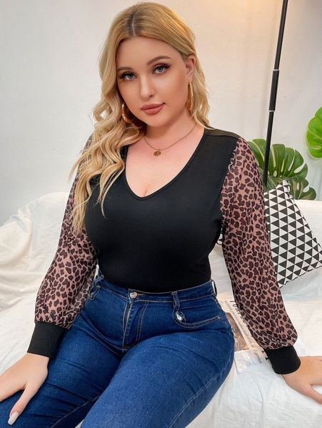 plus contrast leopard mesh bishop sleeve bodysuit 7235#, Black
plus contrast leopard mesh bishop sleeve bodysuit 7235#, Black