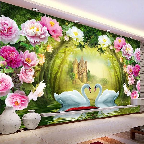 wallpapers pvc wallpaper 3d beautiful flowers forest swan lake fresco living room tv bedroom decor self-adhesive waterproof wall sticker