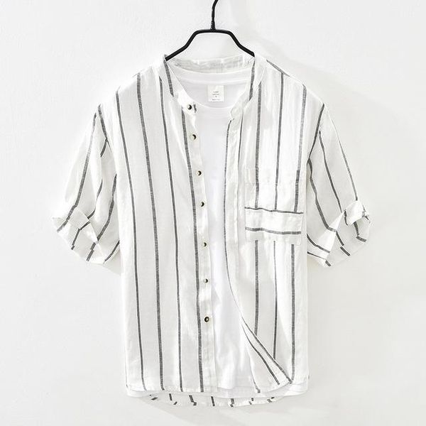 men's casual shirts striped short sleeve shirt for men summer white stand collar male thin section slim fit button up retro clothes, White;black
men's casual shirts striped short sleeve shirt for men summer white stand collar male thin section slim fit button up retro clothes, White;black