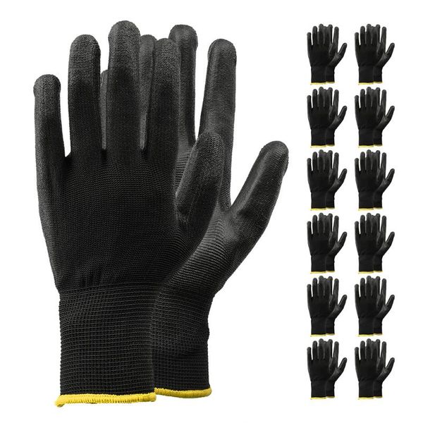 five fingers gloves 12 pairs pu nitrile safety coating nylon cotton work construction security garden industrial mechanic working, Blue;gray