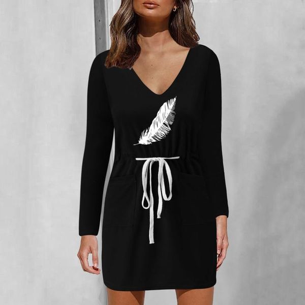 casual dresses spring autumn cotton linen women dress women's long sleeves v-neck feather prints waist drawstring pockets mini, Black;gray
casual dresses spring autumn cotton linen women dress women's long sleeves v-neck feather prints waist drawstring pockets mini, Black;gray