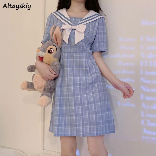 short sleeve dress women sweet plaid retro elegant sailor collar bow a-line empire all-match slim japanese preppy style chic ins casual dres, Black;gray
short sleeve dress women sweet plaid retro elegant sailor collar bow a-line empire all-match slim japanese preppy style chic ins casual dres, Black;gray