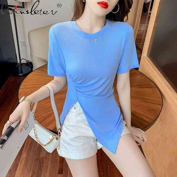women's t-shirt summer korean clothes cotton fashion solid elastic split asymmetrical drape women bottoming shirt tees t, White
women's t-shirt summer korean clothes cotton fashion solid elastic split asymmetrical drape women bottoming shirt tees t, White