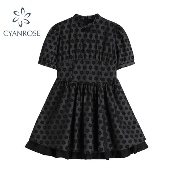 summer vintage print puff short sleeve women dress elegant korean stand collar sweet style black mini dresses female 210515, Black;gray
summer vintage print puff short sleeve women dress elegant korean stand collar sweet style black mini dresses female 210515, Black;gray