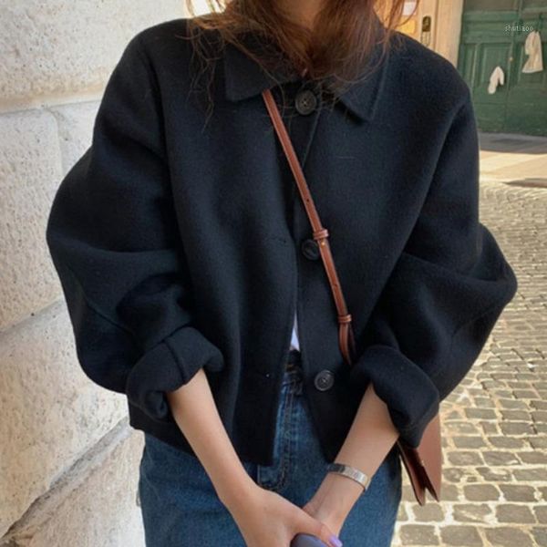women's wool & blends korean chic vintage manteau femme lapel loose khaki long-sleeved woolen coat women short jacket overcoat outwear, Black
women's wool & blends korean chic vintage manteau femme lapel loose khaki long-sleeved woolen coat women short jacket overcoat outwear, Black