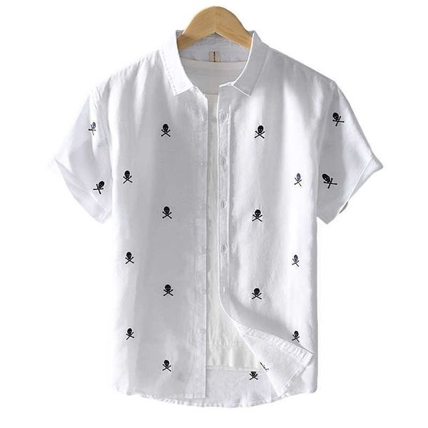 short sleeve shirts for men fashion summer cotton linen breathable male skull printing casual white korean clothes 210601, White;black
short sleeve shirts for men fashion summer cotton linen breathable male skull printing casual white korean clothes 210601, White;black