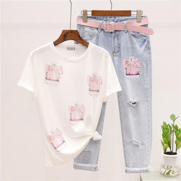 two piece dress summer outfits female handwork beading bottle print t-shirt + hole denim pants women 2pc loose tee shirt jeans set, White
two piece dress summer outfits female handwork beading bottle print t-shirt + hole denim pants women 2pc loose tee shirt jeans set, White