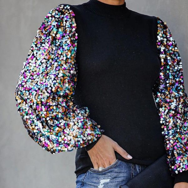 sequins and autumn winter womens shirts puff sleeve turtleneck casual black long camisa de mujer d30, White
sequins and autumn winter womens shirts puff sleeve turtleneck casual black long camisa de mujer d30, White