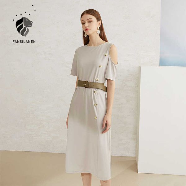 fansilanen cold shoulder elegant t shirt long dress women button belt summer office female loose vintage 210607, Black;gray
fansilanen cold shoulder elegant t shirt long dress women button belt summer office female loose vintage 210607, Black;gray