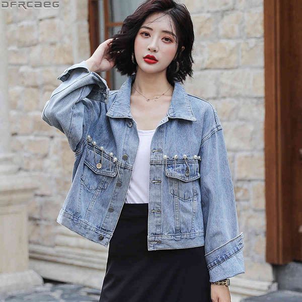 women's jackets fashion streetwear cropped denim jacket women beading loose long sleeve jeans coats female imitation pearl chain, Black;brown
women's jackets fashion streetwear cropped denim jacket women beading loose long sleeve jeans coats female imitation pearl chain, Black;brown