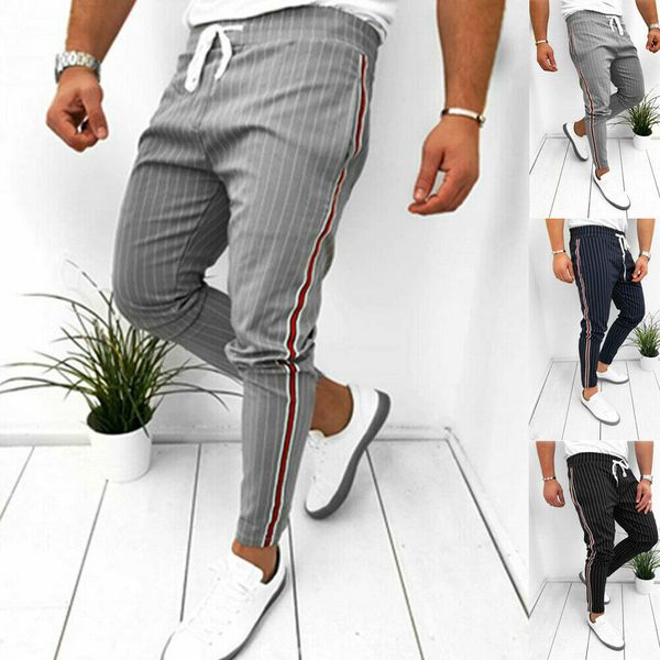 men's pants casual ankle-length elastic waist strap striped jogger sports fitness sweatpants long for males g8or, Black
men's pants casual ankle-length elastic waist strap striped jogger sports fitness sweatpants long for males g8or, Black