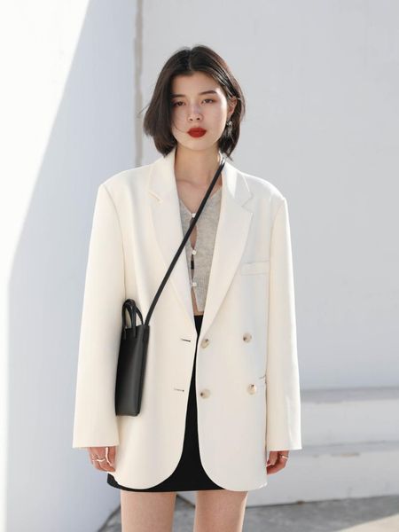 women's suits & blazers street casual suit loose double breasted white coat medium and long autumn 2021, White;black
women's suits & blazers street casual suit loose double breasted white coat medium and long autumn 2021, White;black