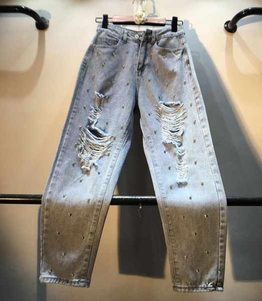 women's jeans fashion diamond beads holes pants high-waisted loose straight-cut womens student casual jean trousers femme, Blue
women's jeans fashion diamond beads holes pants high-waisted loose straight-cut womens student casual jean trousers femme, Blue