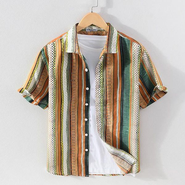 men's spring and summer linen short-sleeved shirt casual ethnic style printed striped youth shirts, White;black
men's spring and summer linen short-sleeved shirt casual ethnic style printed striped youth shirts, White;black