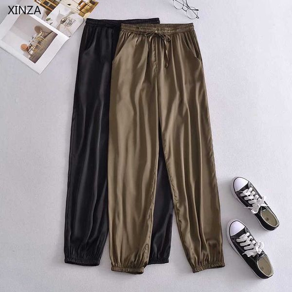 women's pants & capris women vintage satin high waist jogging chic adjustable drawstring elastic black sprot trousers summer 0hxu, Black;white 
women's pants & capris women vintage satin high waist jogging chic adjustable drawstring elastic black sprot trousers summer 0hxu, Black;white