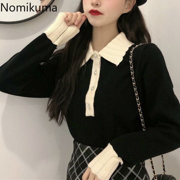 nomikuma sweet pullovers turn down collar long sleeve knitted sweater women contrast color fashion cute sueter mujer 210514, White;black
nomikuma sweet pullovers turn down collar long sleeve knitted sweater women contrast color fashion cute sueter mujer 210514, White;black