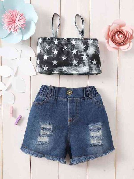 baby star print tie dye cami & ripped raw cut denim shorts she, Blue 
baby star print tie dye cami & ripped raw cut denim shorts she, Blue