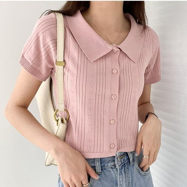 women's t-shirt summer korean fashion retro hollow slim short ice silk lapel sleeve knit cardigan women, White
women's t-shirt summer korean fashion retro hollow slim short ice silk lapel sleeve knit cardigan women, White