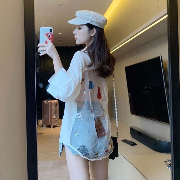 women's blouses & shirts 2021 summer fashion loose mesh stitched back hollow solid shirt (two available), White
women's blouses & shirts 2021 summer fashion loose mesh stitched back hollow solid shirt (two available), White