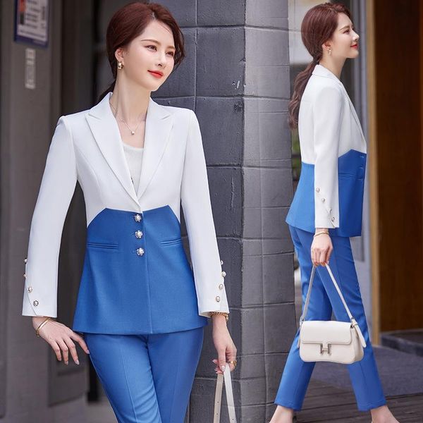 women's two piece pants izicfly style summer autumn pink blue patchwork woman pantsuits ladies novelty business blazer and trouser set, White
women's two piece pants izicfly style summer autumn pink blue patchwork woman pantsuits ladies novelty business blazer and trouser set, White