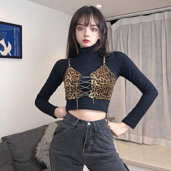 women's t-shirt long sleeve t shirt streetwear fake two pieces leopard print tee femme slim fit turtleneck fashionable clothing, White
women's t-shirt long sleeve t shirt streetwear fake two pieces leopard print tee femme slim fit turtleneck fashionable clothing, White