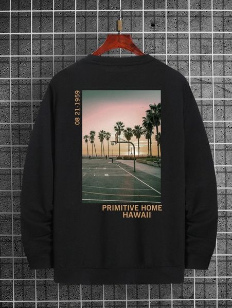 men slogan & tropical print sweatshirt f1ss#, Black