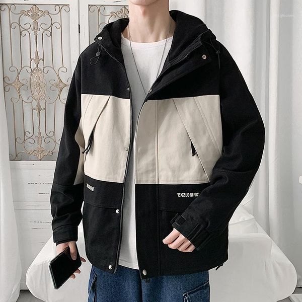 jacket men's coat spring korean fashion men hooded loose splicing collision color clothes black and white jackets, Black;brown
jacket men's coat spring korean fashion men hooded loose splicing collision color clothes black and white jackets, Black;brown