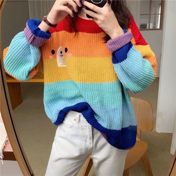 women's sweaters women cute bear embroidery sweater winter rainbow striped long sleeve o neck loose jumper pull femme, White;black
women's sweaters women cute bear embroidery sweater winter rainbow striped long sleeve o neck loose jumper pull femme, White;black