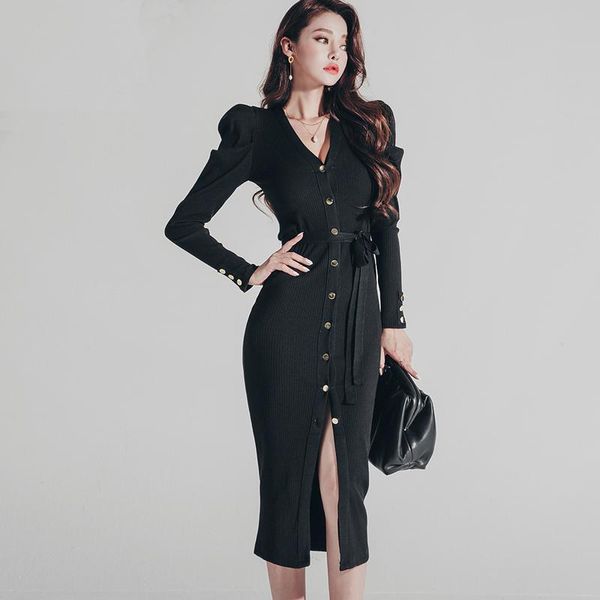 casual dresses autumn spring girls stretchy black long sweater women full puff sleeve single breasted buttons split sheath dress, Black;gray
casual dresses autumn spring girls stretchy black long sweater women full puff sleeve single breasted buttons split sheath dress, Black;gray