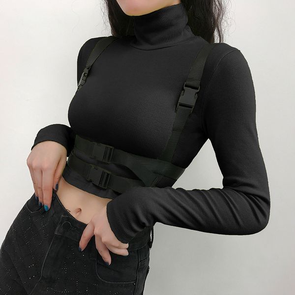 women's t-shirt buckle knitting woman t-shirt turtleneck fashion long sleeve slim solid color short vdrp, White 
women's t-shirt buckle knitting woman t-shirt turtleneck fashion long sleeve slim solid color short vdrp, White