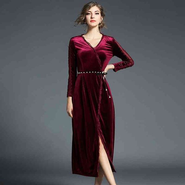 spring autumn red black velvet women v neck beading waist lace up split long maxi vestido evening party dress 210416, Black;gray
spring autumn red black velvet women v neck beading waist lace up split long maxi vestido evening party dress 210416, Black;gray