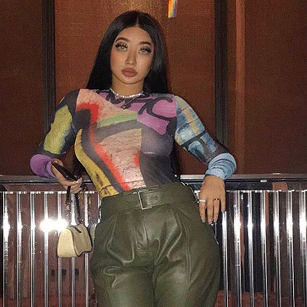 women's t-shirt street style custom graffiti print slim long-sleeved mesh round neck shirt, White
women's t-shirt street style custom graffiti print slim long-sleeved mesh round neck shirt, White