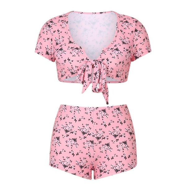 women's swimwear 2pcs bathing suit, short sleeve floral print tie knot front crop + bikini shorts set swimsuit, White;black
women's swimwear 2pcs bathing suit, short sleeve floral print tie knot front crop + bikini shorts set swimsuit, White;black