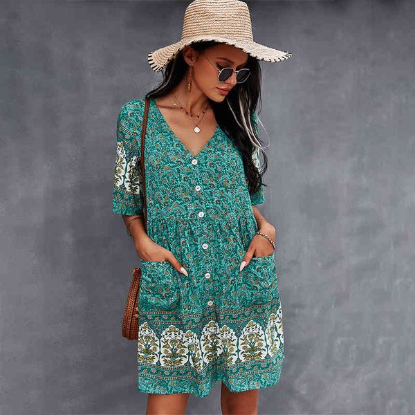 bohemian elegant deep v-neck short sleeve mini dress women vintage print buttons decorative casual loose beach dresses 210423, Black;gray
bohemian elegant deep v-neck short sleeve mini dress women vintage print buttons decorative casual loose beach dresses 210423, Black;gray