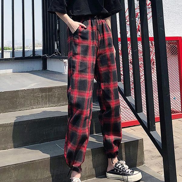 retro cool women baggy black pants lady wild wide leg plaid slacks harem student autumn red long pencil trousers women's & capris, Black;white