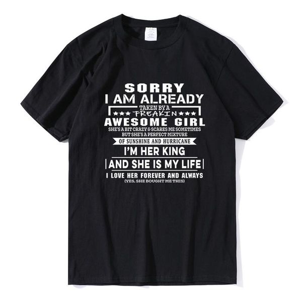 men's t-shirts sorry i am already taken by a freaking awesome girl i'm her king funny shirt cotton tee 100 sport streetwear 3xl, White;black
men's t-shirts sorry i am already taken by a freaking awesome girl i'm her king funny shirt cotton tee 100 sport streetwear 3xl, White;black