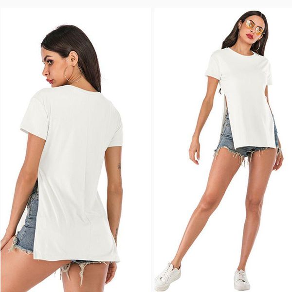 women's t-shirt women summer short sleeve o-neck side high split loose pullover tunic solid color casual streetwear, White
women's t-shirt women summer short sleeve o-neck side high split loose pullover tunic solid color casual streetwear, White
