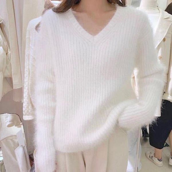 women's sweaters korean autumn winter long sleeve knitted white pullover jumper designer women v neck mink cashmere soft warm loose, White;black
women's sweaters korean autumn winter long sleeve knitted white pullover jumper designer women v neck mink cashmere soft warm loose, White;black