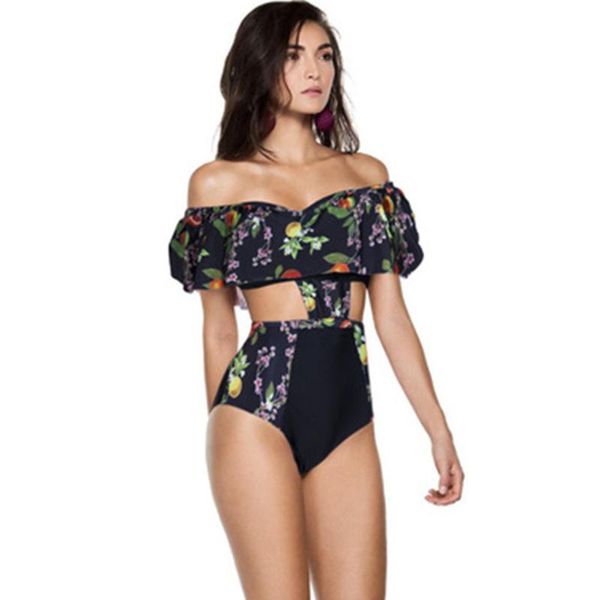 women's swimwear women fashion boat neck collar ruffle pringting swimsuit, White;black
women's swimwear women fashion boat neck collar ruffle pringting swimsuit, White;black