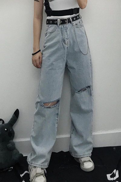 loose straight high waist slim wide hole ripped denim pant korean streetwear harajuku vintage casual fashion women jeans trouser women', Blue
loose straight high waist slim wide hole ripped denim pant korean streetwear harajuku vintage casual fashion women jeans trouser women', Blue