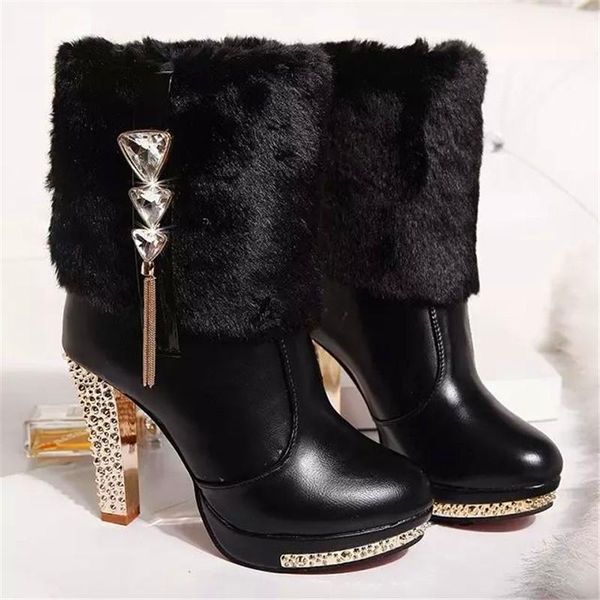 winter female high-heeled fur boots big girls thick with waterproofing diamond high school student warm cotton, Black 
winter female high-heeled fur boots big girls thick with waterproofing diamond high school student warm cotton, Black