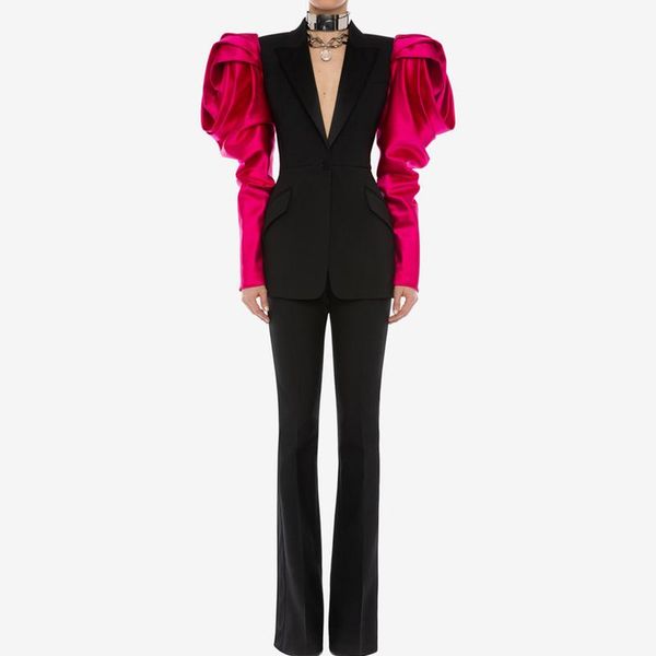 est 2021 designer stylish blazer for ladies satin patchwork big puff sleeve jacket women's suits & blazers, White;black
est 2021 designer stylish blazer for ladies satin patchwork big puff sleeve jacket women's suits & blazers, White;black