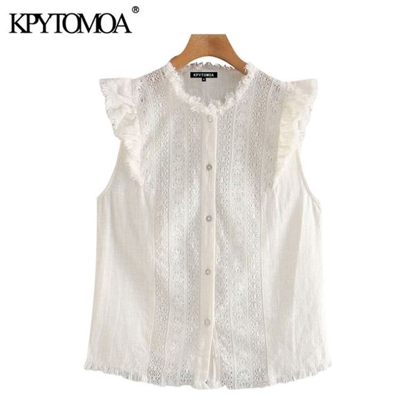 women fashion embroidery frayed trims ruffled blouses vintage sleeveless button-up female shirts blusas chic 210421, White
women fashion embroidery frayed trims ruffled blouses vintage sleeveless button-up female shirts blusas chic 210421, White