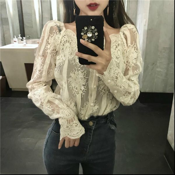 women shirt slash neck collar hook mesh pearls shirts strapless lace bottoming long sleeve gauze stitching blouse single breasted, White
women shirt slash neck collar hook mesh pearls shirts strapless lace bottoming long sleeve gauze stitching blouse single breasted, White
