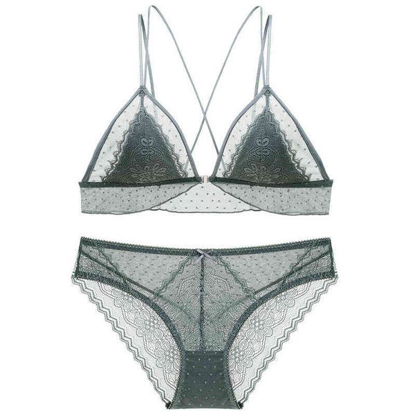 nxy set mesh lace patchwork triangle cup bra and panties set underwear front closure cross backless thin lined women lingerie 1127, Red;black