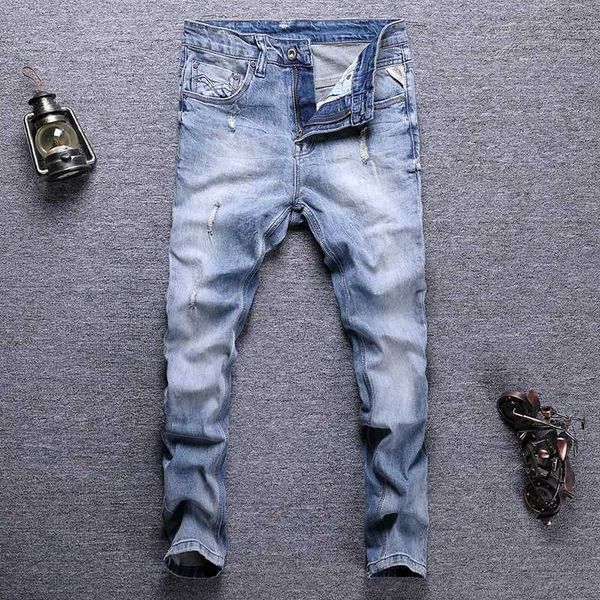 european vintage fashion men jeans retro light blue elastic slim fit ripped korean style designer casual denim pants
european vintage fashion men jeans retro light blue elastic slim fit ripped korean style designer casual denim pants