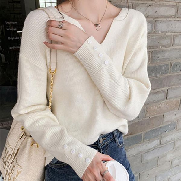 women's sweaters female knitted thin pullover solid v-neck loose elegant office lady casual all match 2021 autumn winter women, White;black
women's sweaters female knitted thin pullover solid v-neck loose elegant office lady casual all match 2021 autumn winter women, White;black