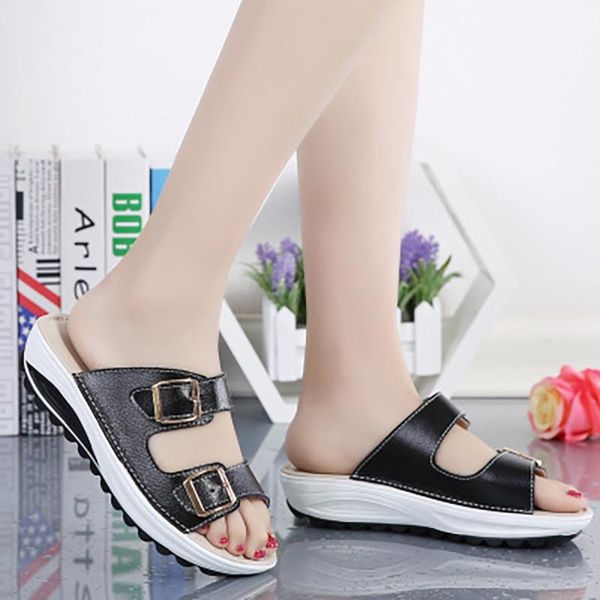 slippers women summer wedges buckle leather slides open toe women's beach footwear female ladies solid indoor outside shoes 2021, Black
slippers women summer wedges buckle leather slides open toe women's beach footwear female ladies solid indoor outside shoes 2021, Black