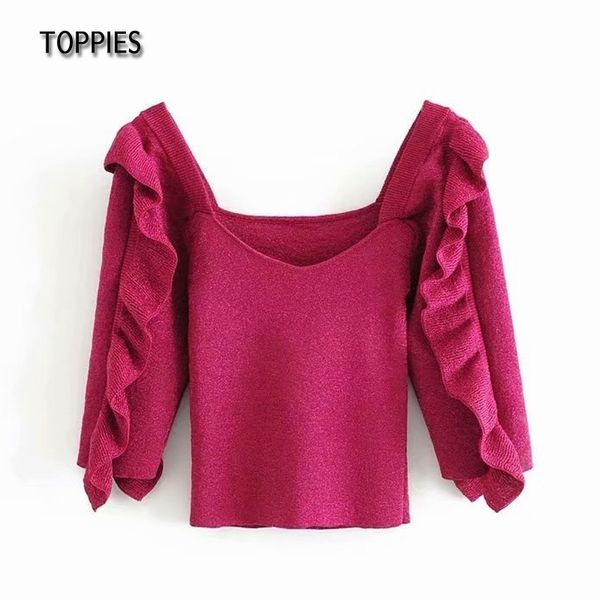 ies women rose red knitted v-neck sweater casuading ruffles half sleeve ladies 210412, White;black
ies women rose red knitted v-neck sweater casuading ruffles half sleeve ladies 210412, White;black