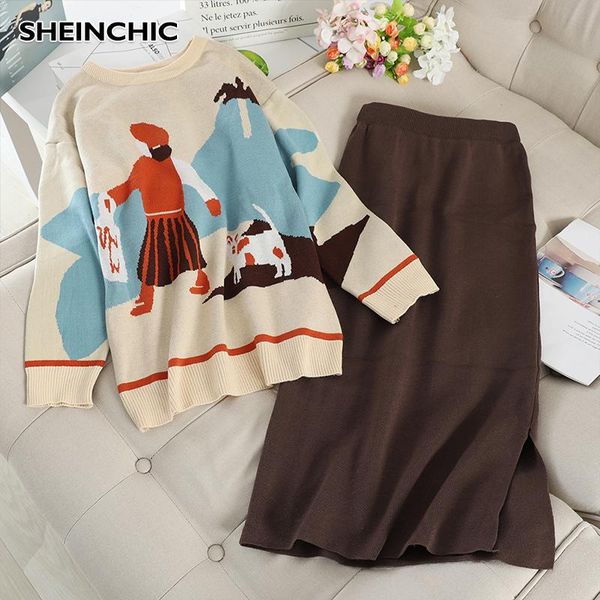 two piece dress korean 2021 fashion women knit 2 set vintage beige/black long sleeve cartoon pattern sweater + skirt female 2pcs suit, White
two piece dress korean 2021 fashion women knit 2 set vintage beige/black long sleeve cartoon pattern sweater + skirt female 2pcs suit, White